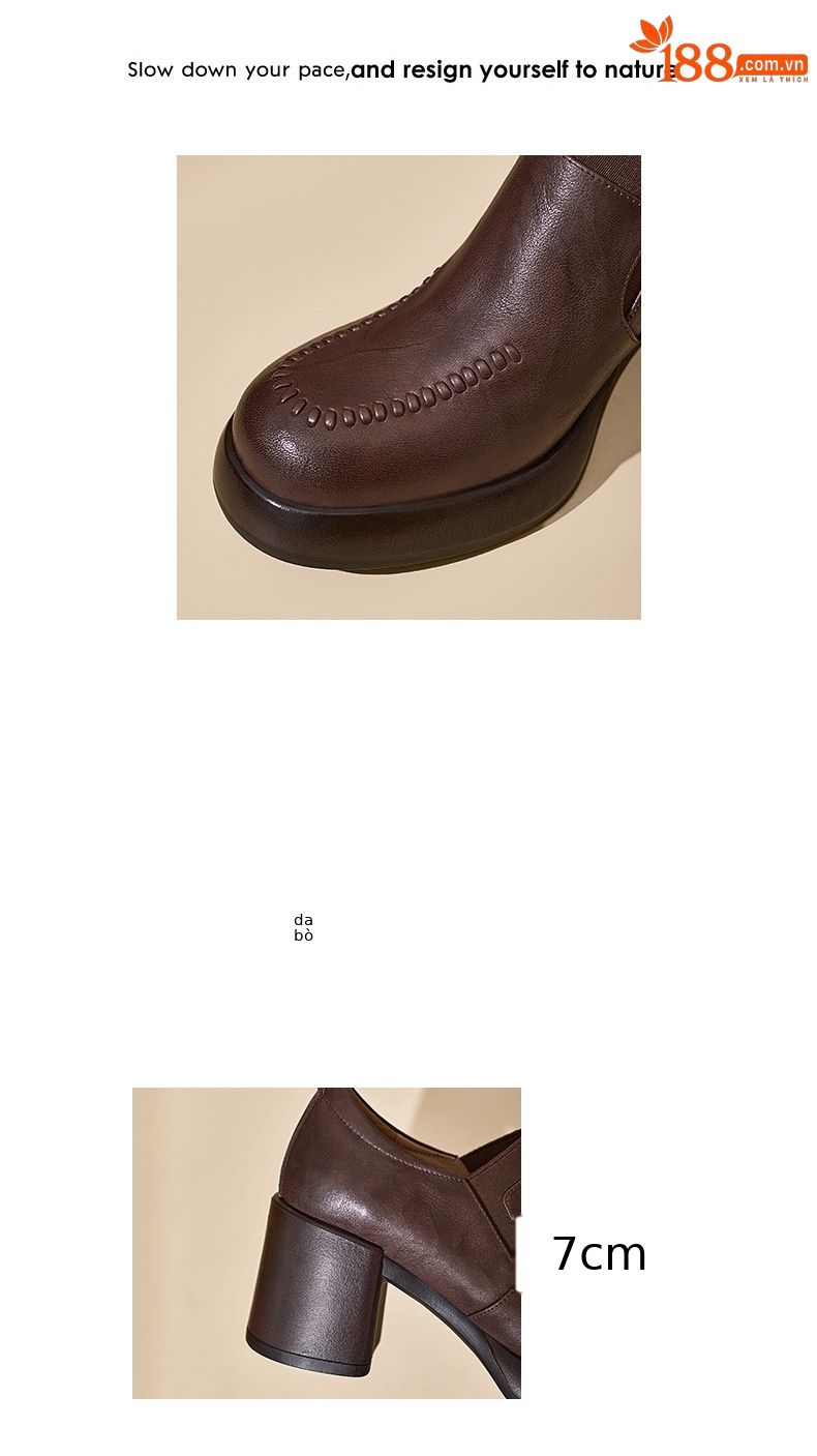 Giày loafer nữ da bò thật đế dày gót vuông 7 cm, miệng sâu, phong cách đơn giản — màu nâu chi tiết 3
