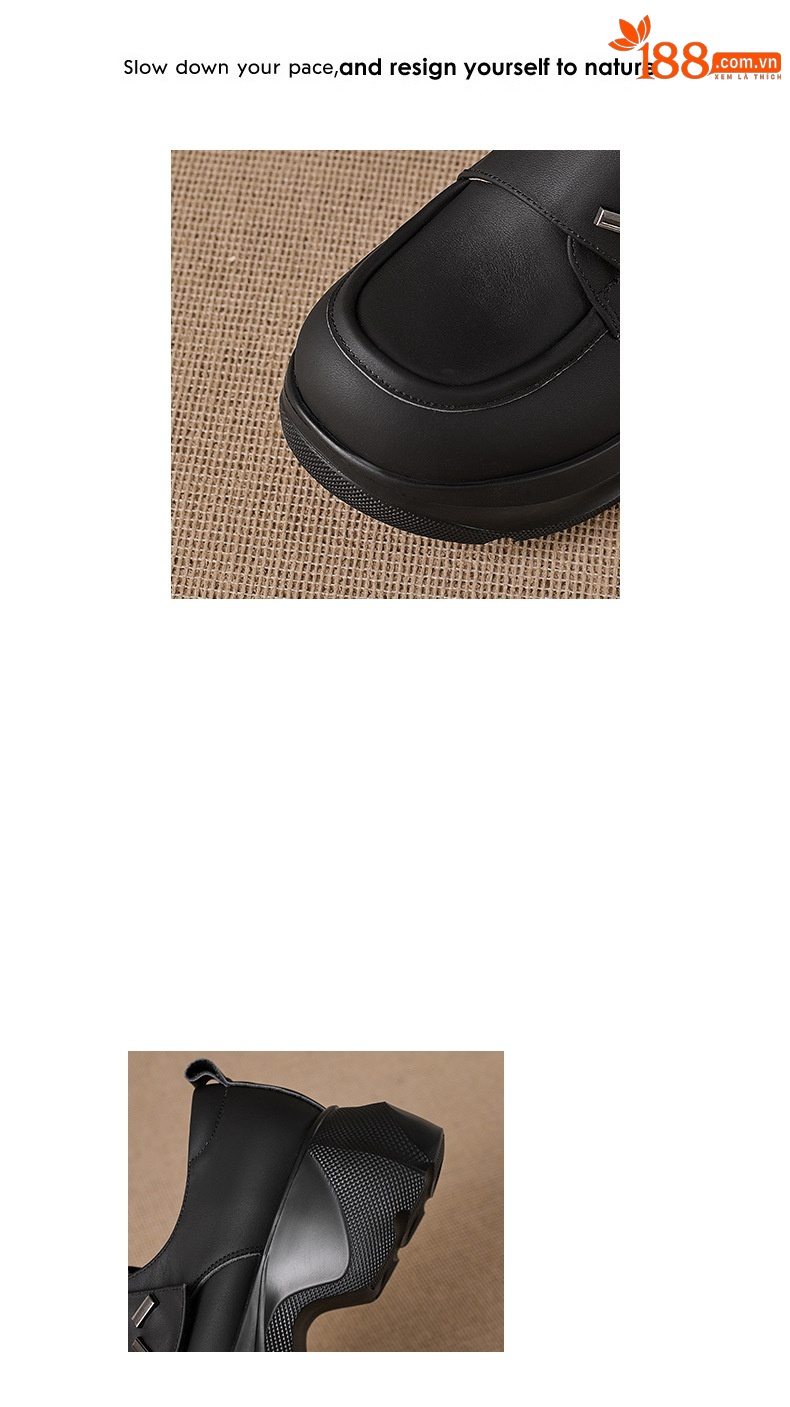 Giày lười nữ mũi vuông đế cao gót 5 cm da bò mềm — đen chi tiết 2