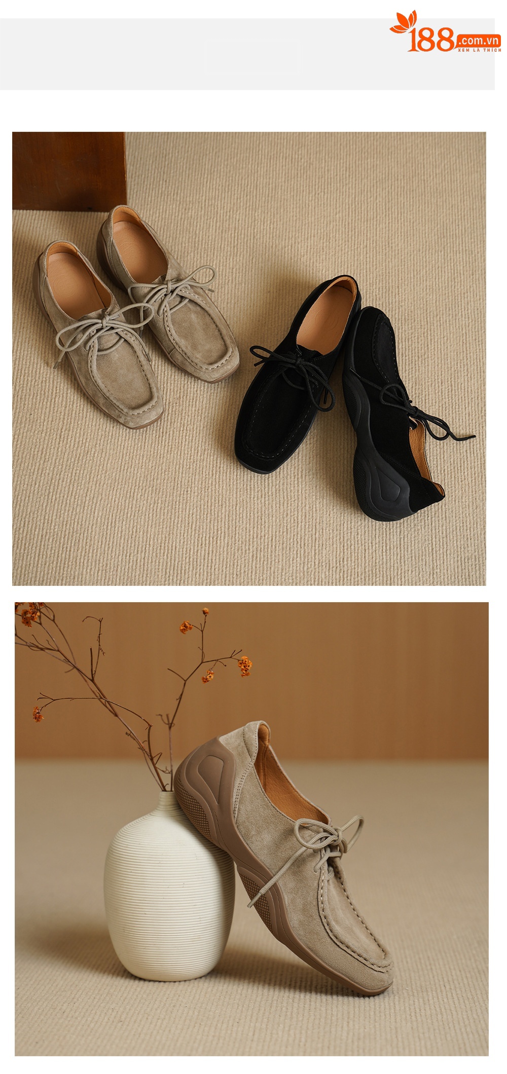 Giày lười nữ mũi vuông da cừu mềm phong cách DeTrain vintage buộc dây — đen chi tiết 11