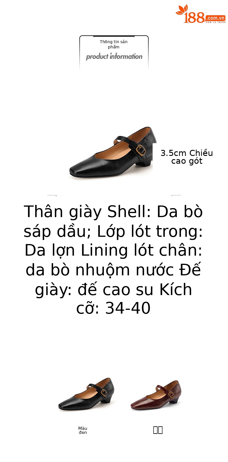 Giày Mary Jane nữ mũi vuông gót thấp 3,5 cm quai ngang khóa chữ T — đen chi tiết 3