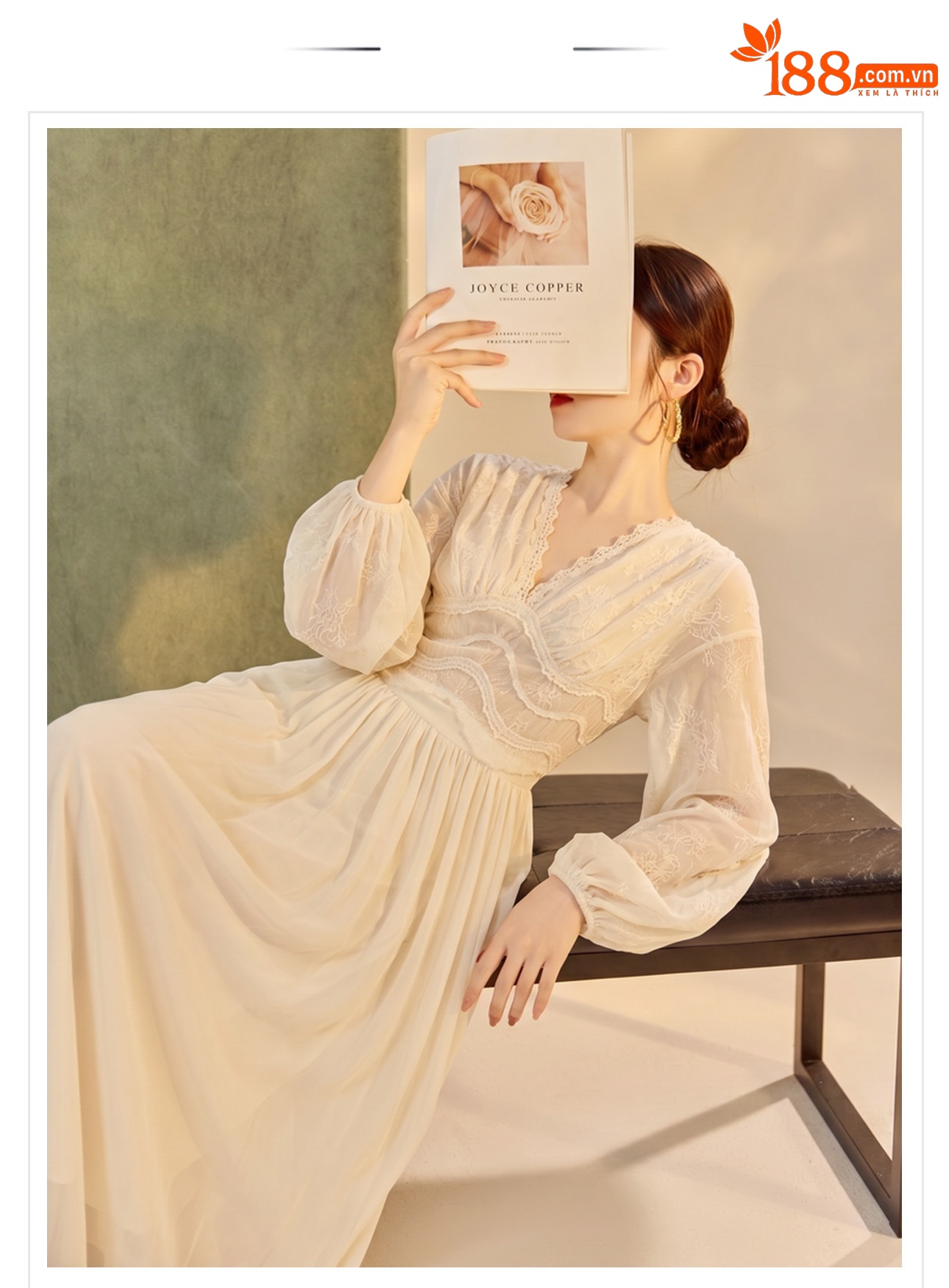 Váy maxi ren thêu lưới tay phồng lồng đèn cổ V thắt lưng dáng suông — áo, bộ đồ, nửa váy chi tiết 1