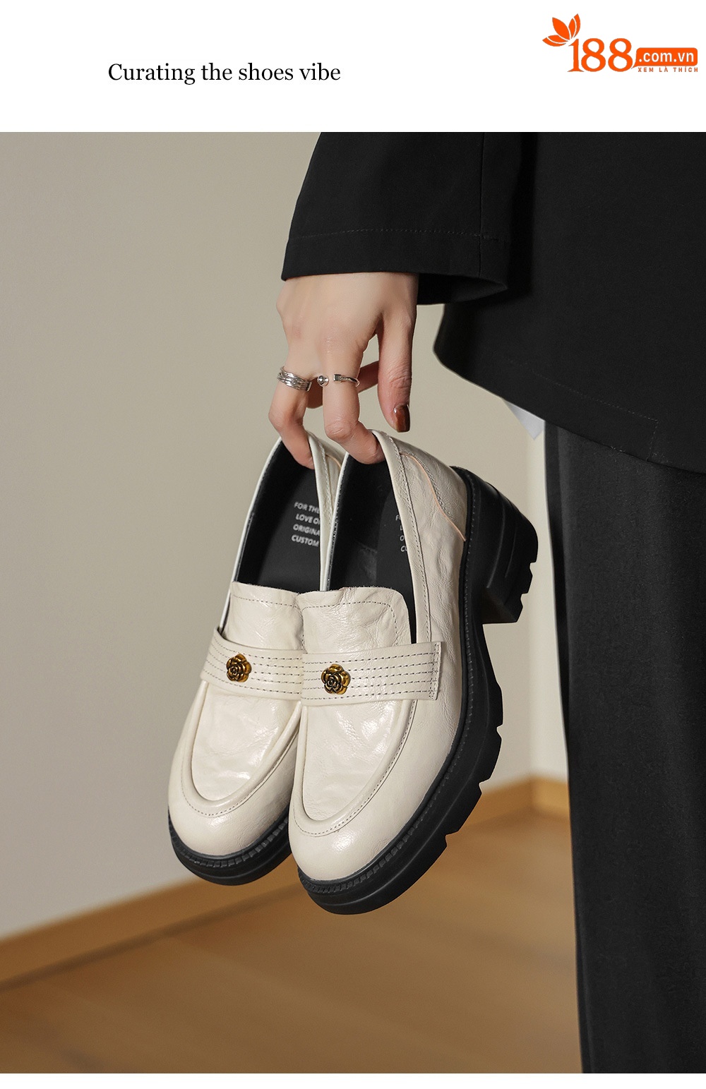 Giày loafer nữ mũi tròn gót vuông dày đế cao 6 cm da cừu — màu nâu chi tiết 6