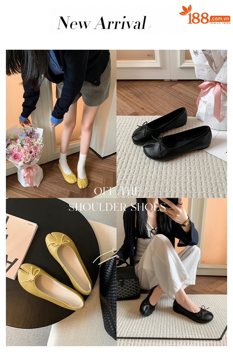 Giày ballet nữ da cừu mũi tròn nơ bướm đế bệt mềm mại — đen chi tiết 2
