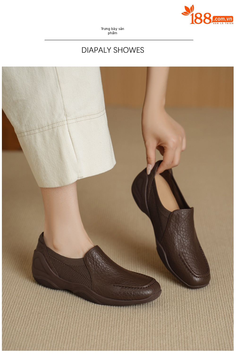Giày loafer nữ da dê mũi sâu, gót vuông 3 cm, hoa nổi, phong cách bà nội trẻ trung — màu nâu chi tiết 5