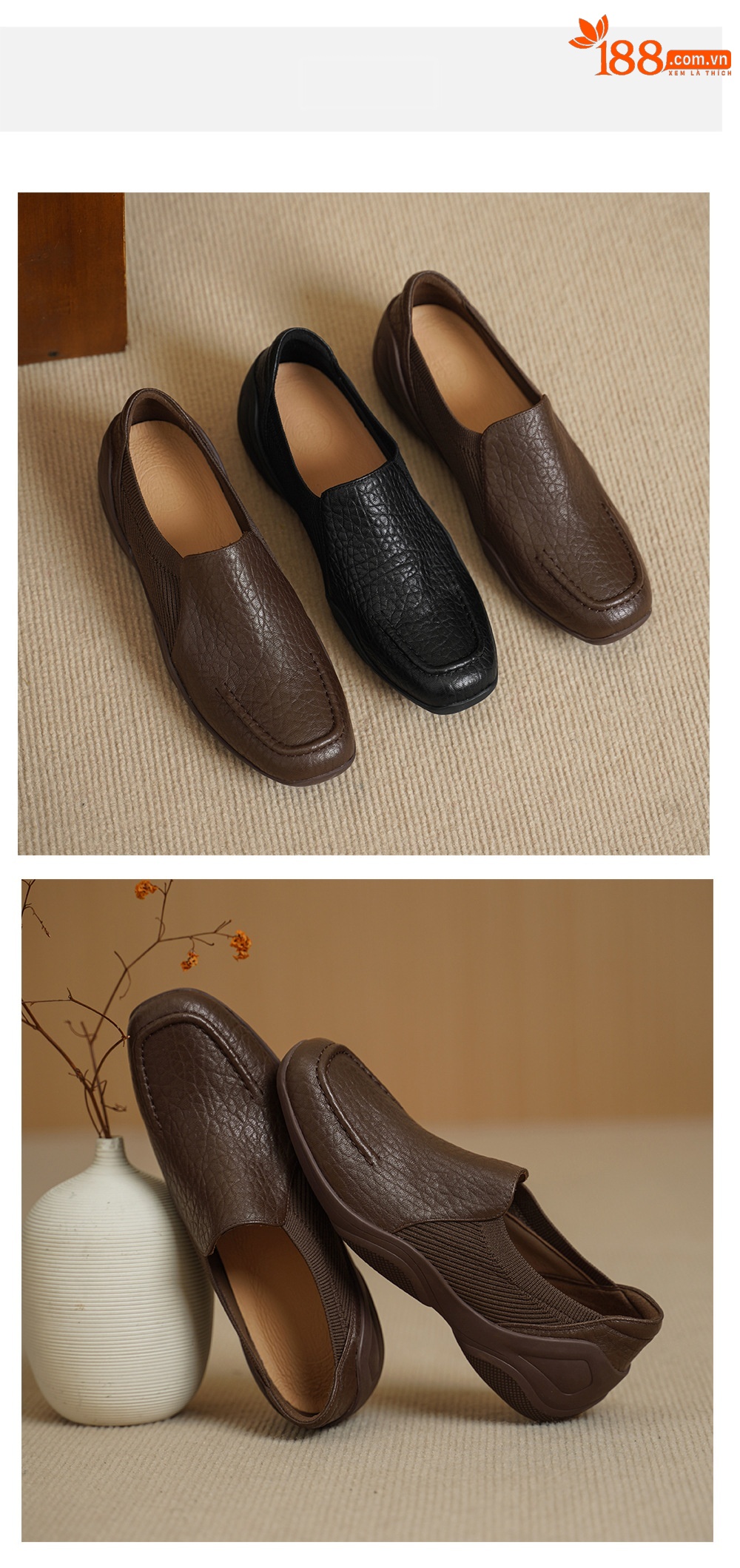 Giày loafer nữ da dê mũi sâu, gót vuông 3 cm, hoa nổi, phong cách bà nội trẻ trung — màu nâu chi tiết 11