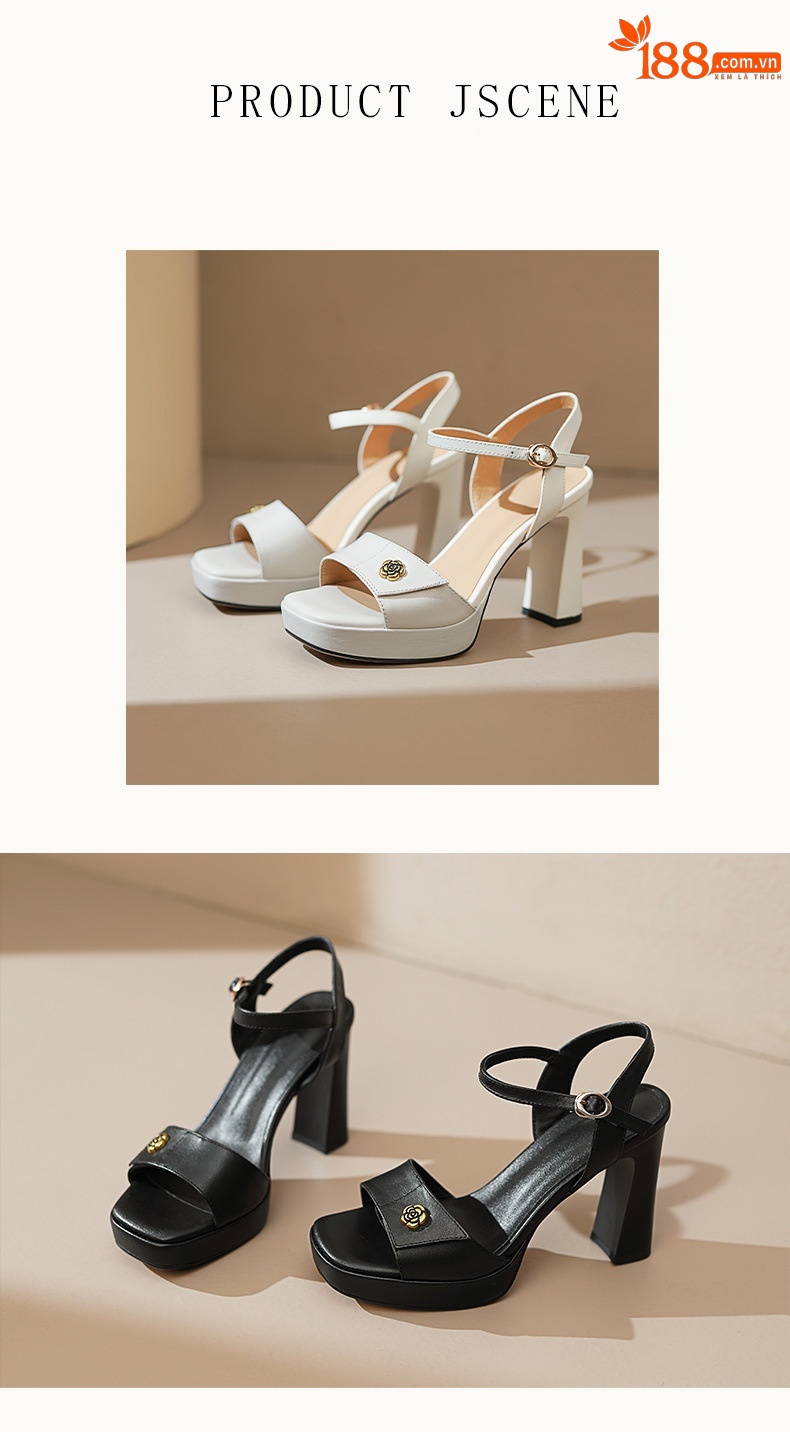 Sandal cao gót nữ hở mũi quai một chữ khóa, gót thô đế dày 10.5 cm — Da bò trắng gạo chi tiết 5