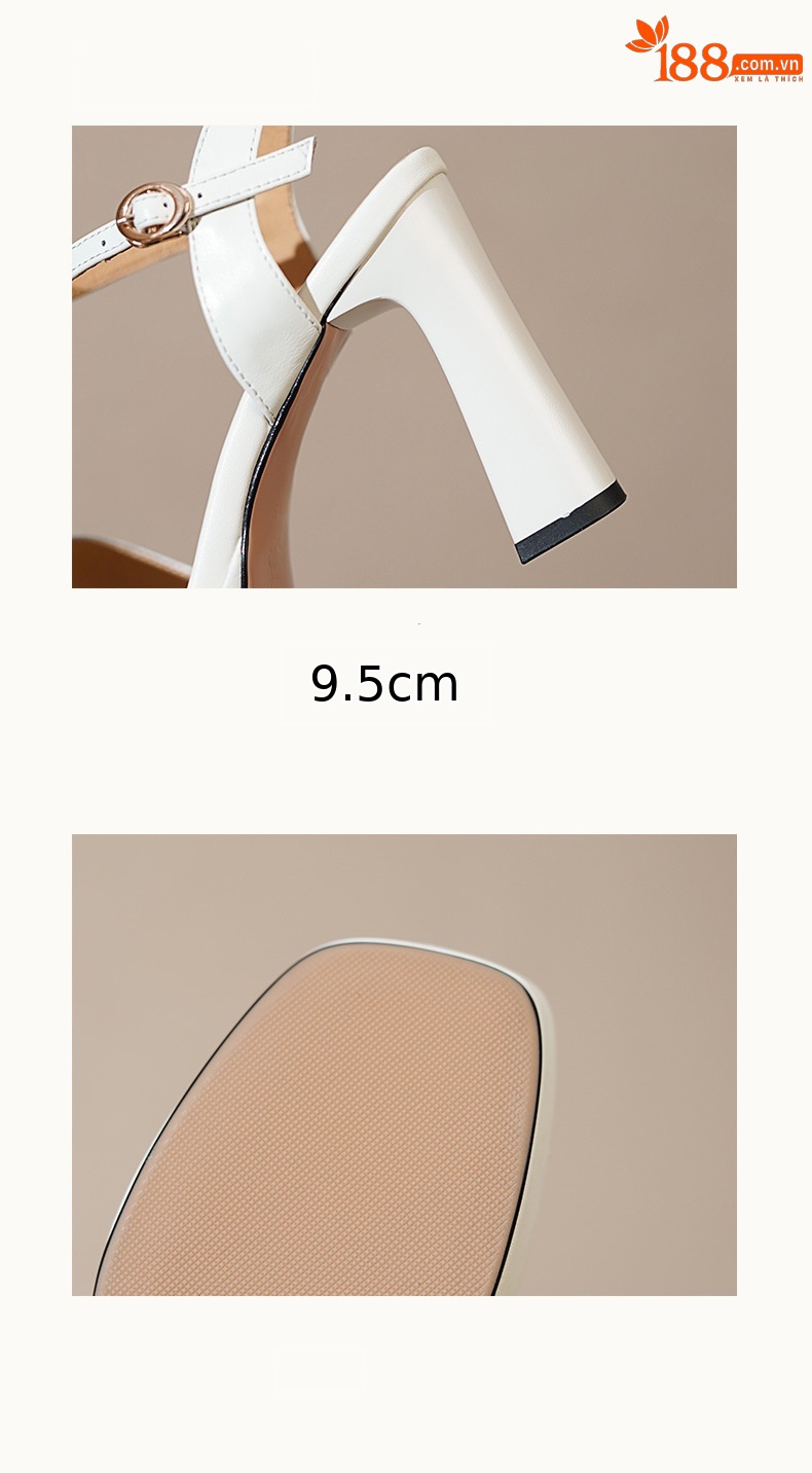 Sandal cao gót nữ hở mũi quai một chữ khóa, gót thô đế dày 10.5 cm — Da bò trắng gạo chi tiết 7