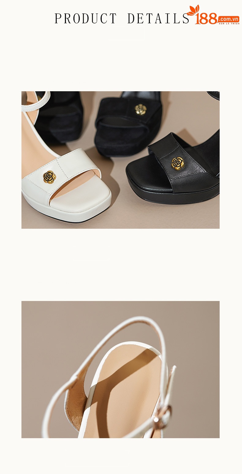 Sandal cao gót nữ hở mũi quai một chữ khóa, gót thô đế dày 10.5 cm — Da bò trắng gạo chi tiết 8
