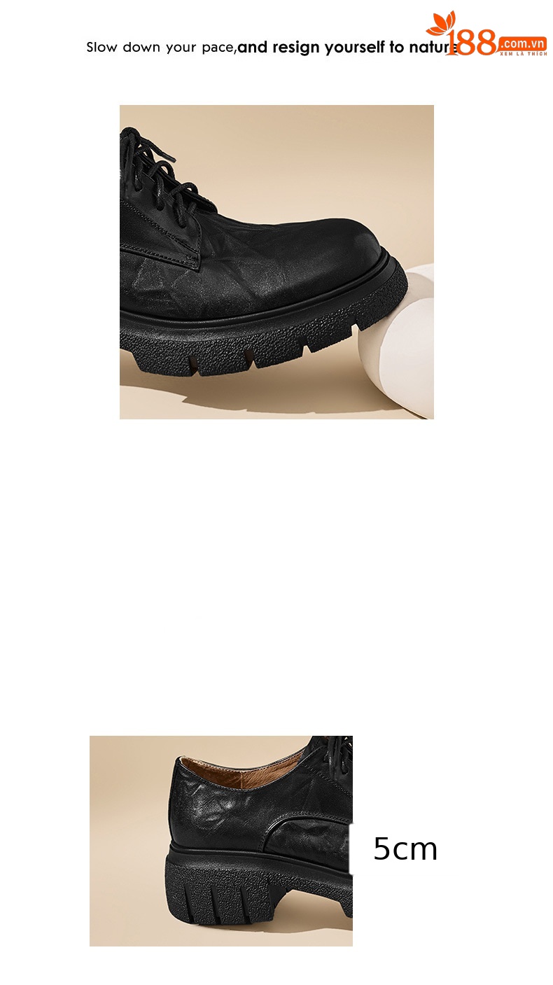Giày nữ đế xuồng platform da bò đánh bóng phong cách vintage, gót 4 cm — màu nâu chi tiết 2