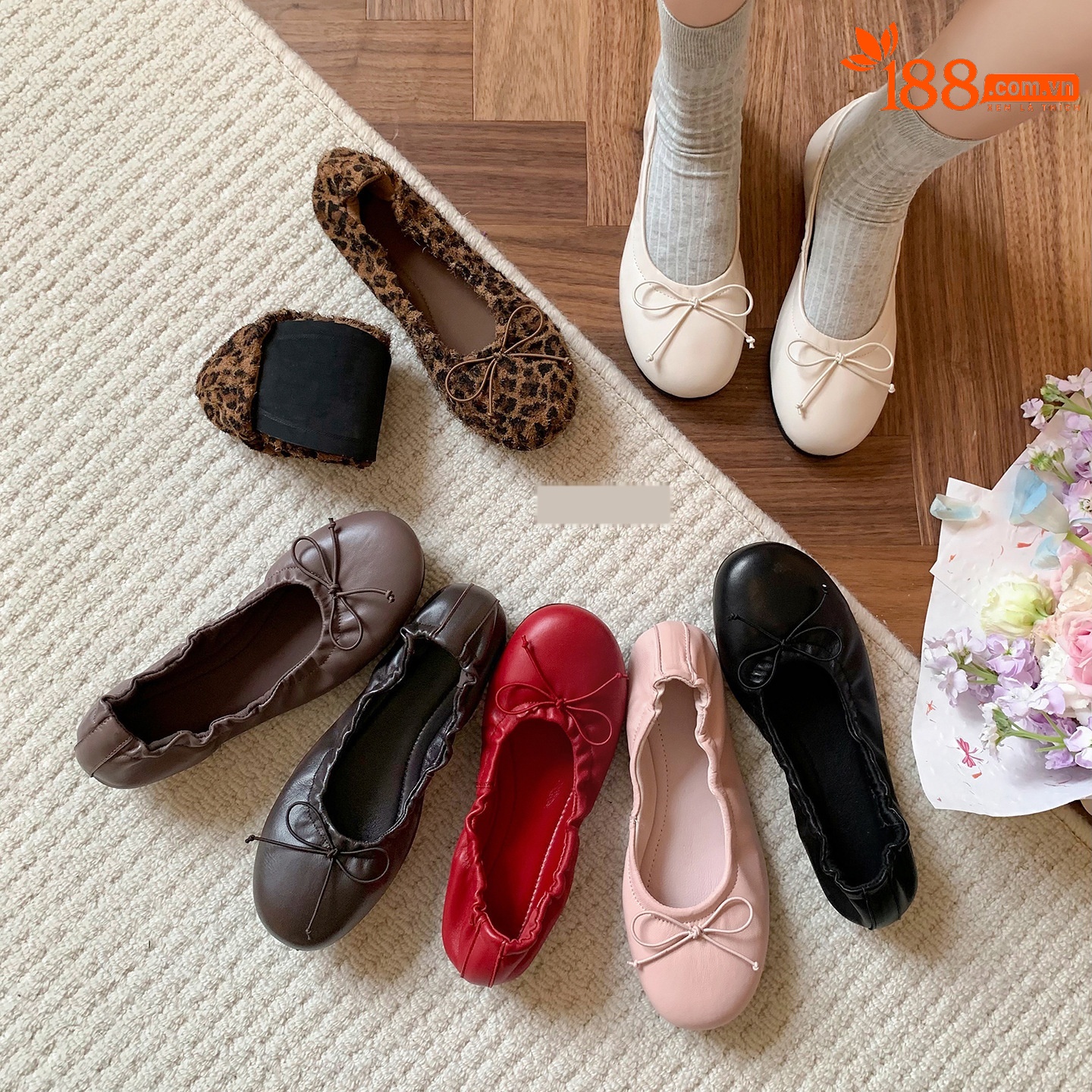 Giày ballet nữ da cừu mũi tròn nơ bướm đế bệt mềm mại — màu nâu