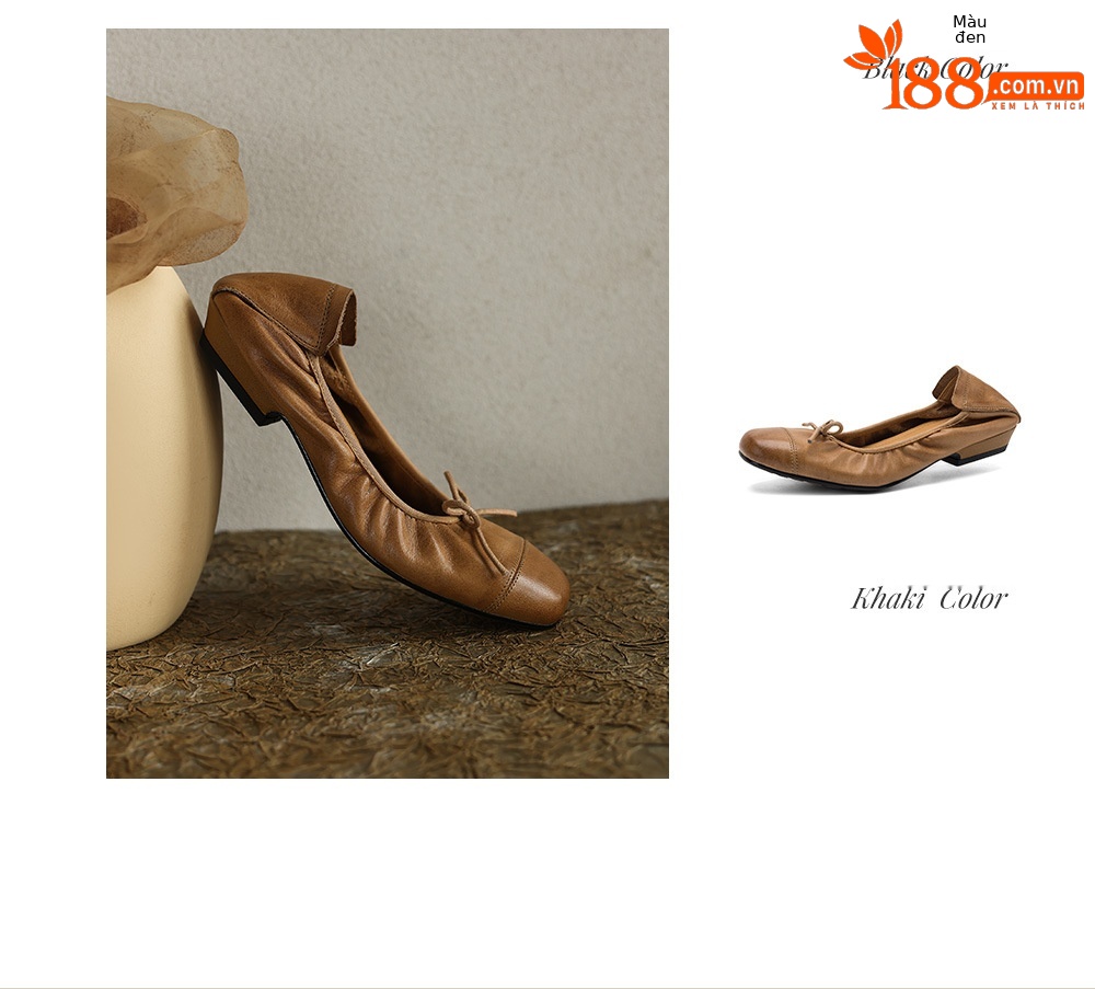 Giày ballet nữ mũi tròn da bò mềm, kiểu trứng cuộn, cổ nông — đen chi tiết 5