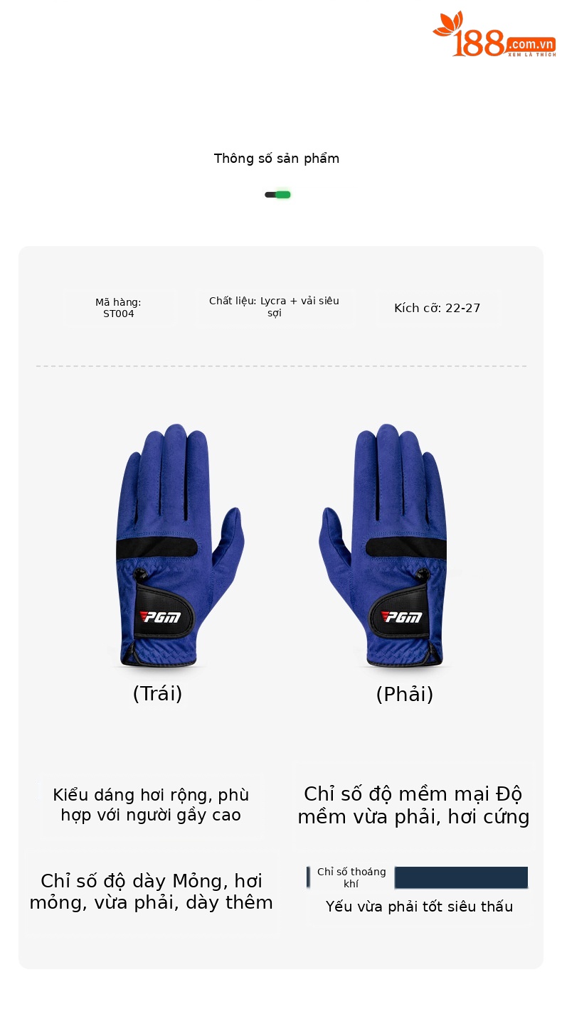 Găng tay golf PGM siêu mỏng thoáng khí chống trượt nam — ST004 Xanh dương-[Chống trượt ngón tay cái bên trái] chi tiết 6