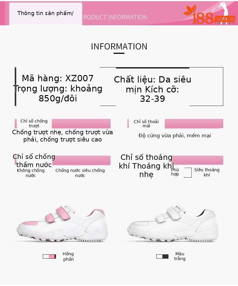 Giày golf nữ PGM XZ007 dây Velcro thoáng khí — XZ007 màu trắng tinh khiết, XZ007 trắng hồng A, XZ007 trắng hồng B chi tiết 2