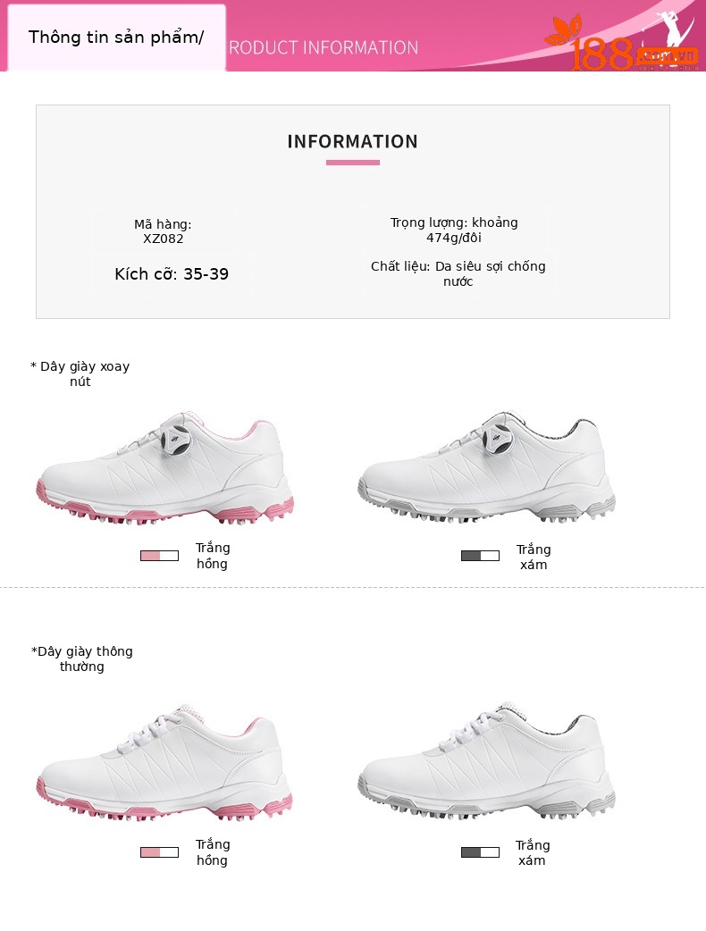 Giày golf nữ PGM không thấm nước, dây giày nút vặn, đế chống trượt — XZ082-Trắng xám [kiểu dây giày], XZ082-Trắng xám [kiểu nút xoay], XZ082-Trắng hồng B [Kiểu nút xoay], XZ082-Trắng hồng B [Kiểu dây giày] chi tiết 7