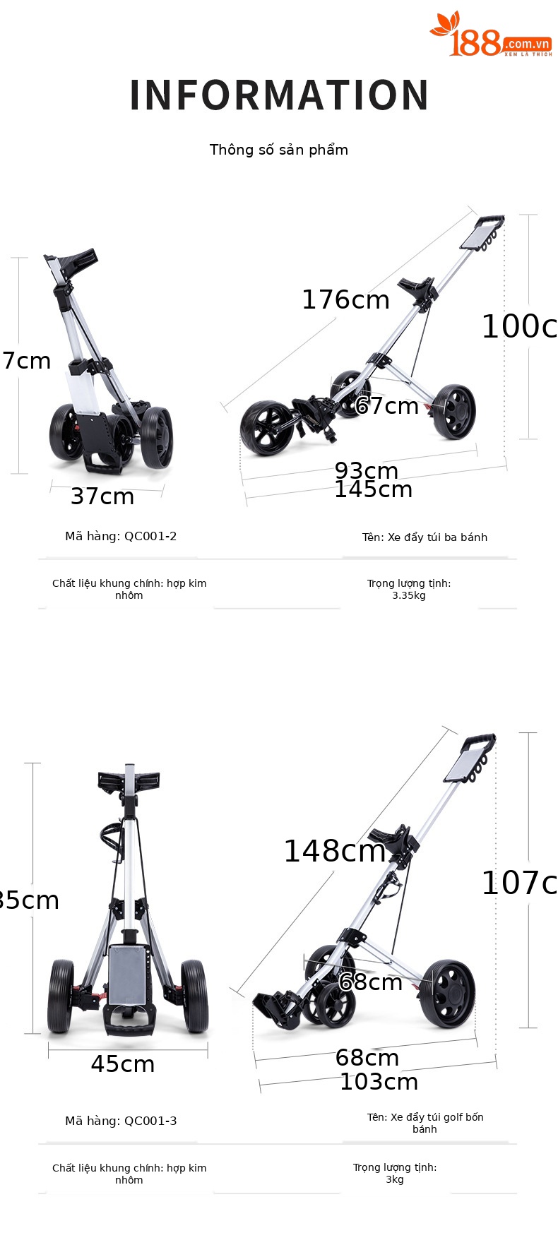 Xe đẩy golf gấp gọn PGM ba bánh hoặc bốn bánh, khung nhôm nhẹ, dễ mang theo — Xe Du Lịch bóng đá bốn bánh (còn hàng), Xe bóng ba bánh chi tiết 5