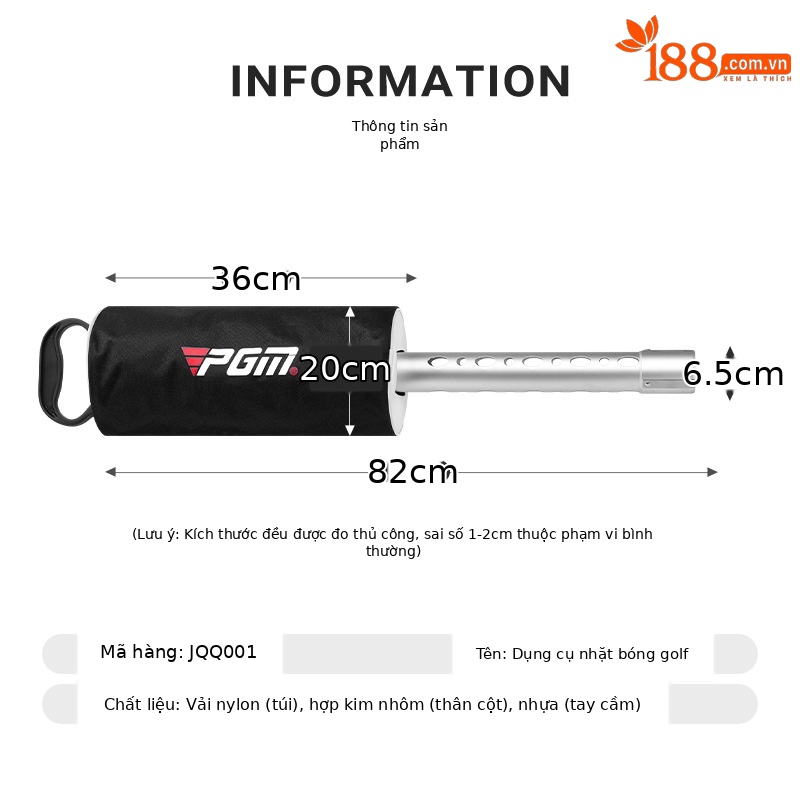 Máy nhặt bóng golf PGM đứng dễ dàng, túi vải nylon kèm ống nhôm, chứa 70 quả — Thiết bị nhặt Túi vải JQQ001, Thiết bị nhặt bóng ống nhôm JQQ002