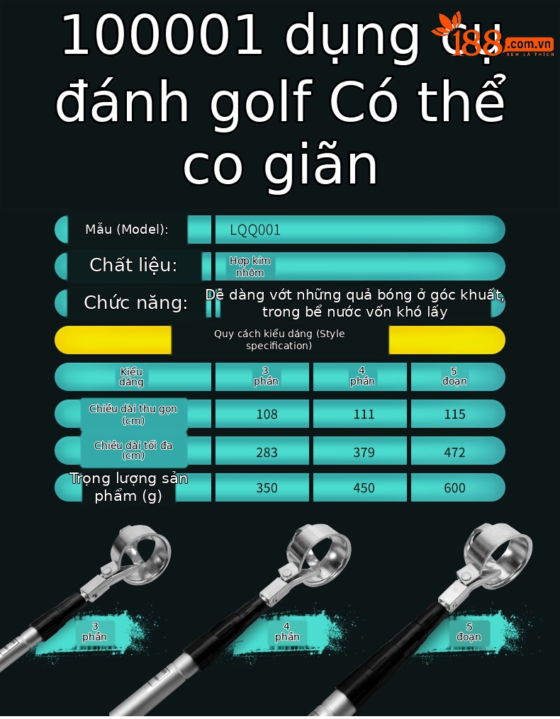 Dụng cụ nhặt bóng golf ống lồng siêu dài bằng nhôm PGM (3–6 đoạn, dài 2.83–5.8 mét) — Máy câu bóng đầu nhôm LQQ001 3 phần (dài 2.83 mét), Máy câu bóng đầu nhôm LQQ001 4 phần (dài 3.75 mét), Máy câu bóng đầu nhôm LQQ001 5 phần (dài 4.7 mét), Máy câu bóng đầu nhôm LQQ001 6 phần (dài 5.8 mét) chi tiết 4