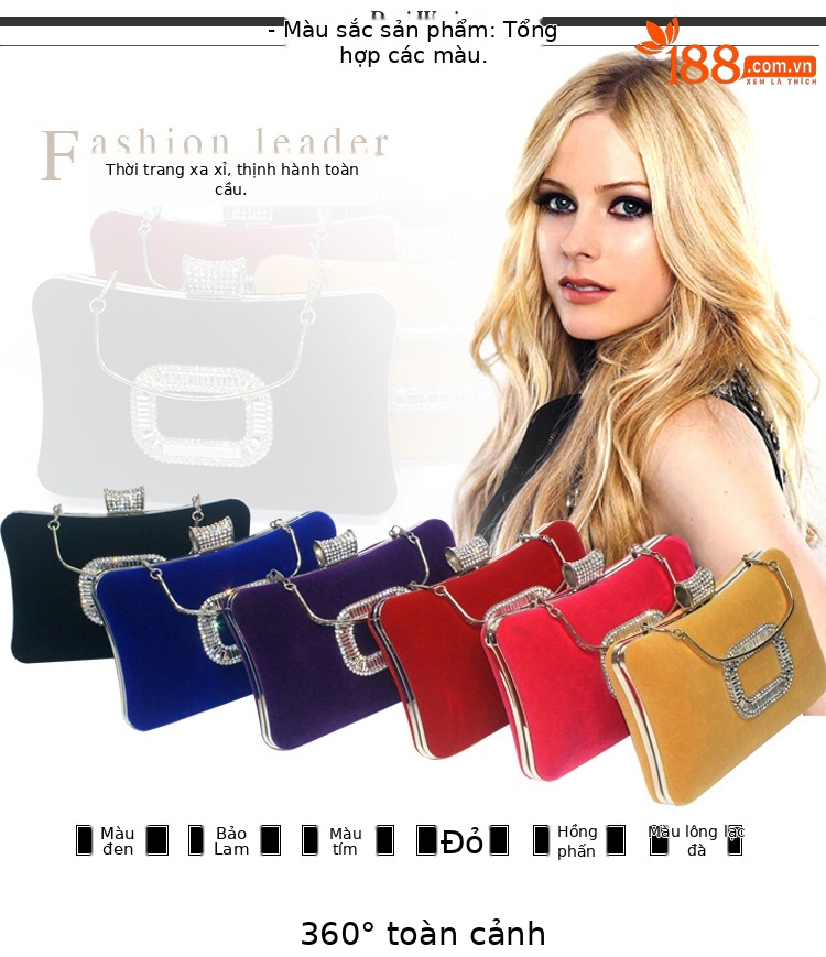 Túi clutch nữ dạ hội nhung đính kim cương khóa vuông — Đỏ hoa hồng, Vàng Lạc Đà Saudi, Đỏ lễ hội, Màu tím Cung Đình chi tiết 2