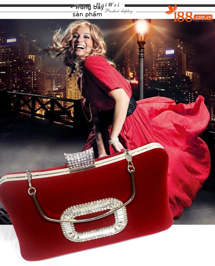 Túi clutch nữ dạ hội nhung đính kim cương khóa vuông — Đỏ hoa hồng, Vàng Lạc Đà Saudi, Đỏ lễ hội, Màu tím Cung Đình chi tiết 4