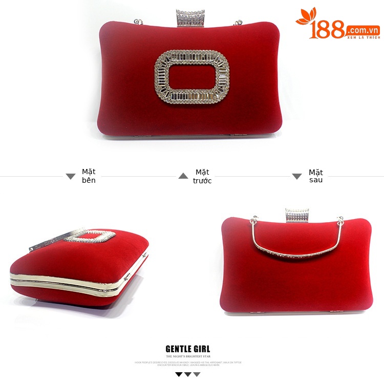 Túi clutch nữ dạ hội nhung đính kim cương khóa vuông — Đỏ hoa hồng, Vàng Lạc Đà Saudi, Đỏ lễ hội, Màu tím Cung Đình chi tiết 5
