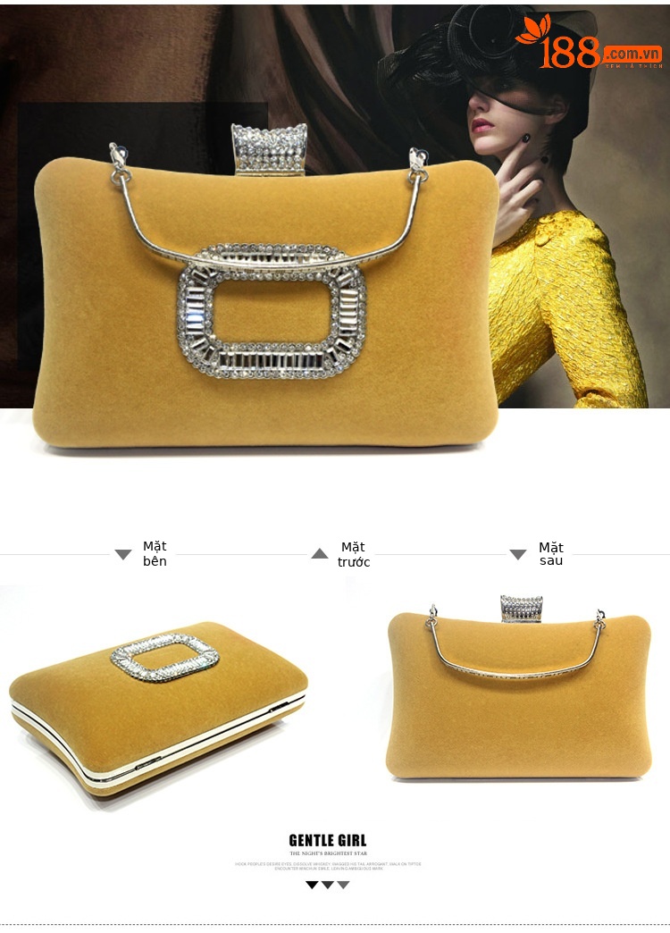Túi clutch nữ dạ hội nhung đính kim cương khóa vuông — Đỏ hoa hồng, Vàng Lạc Đà Saudi, Đỏ lễ hội, Màu tím Cung Đình chi tiết 7