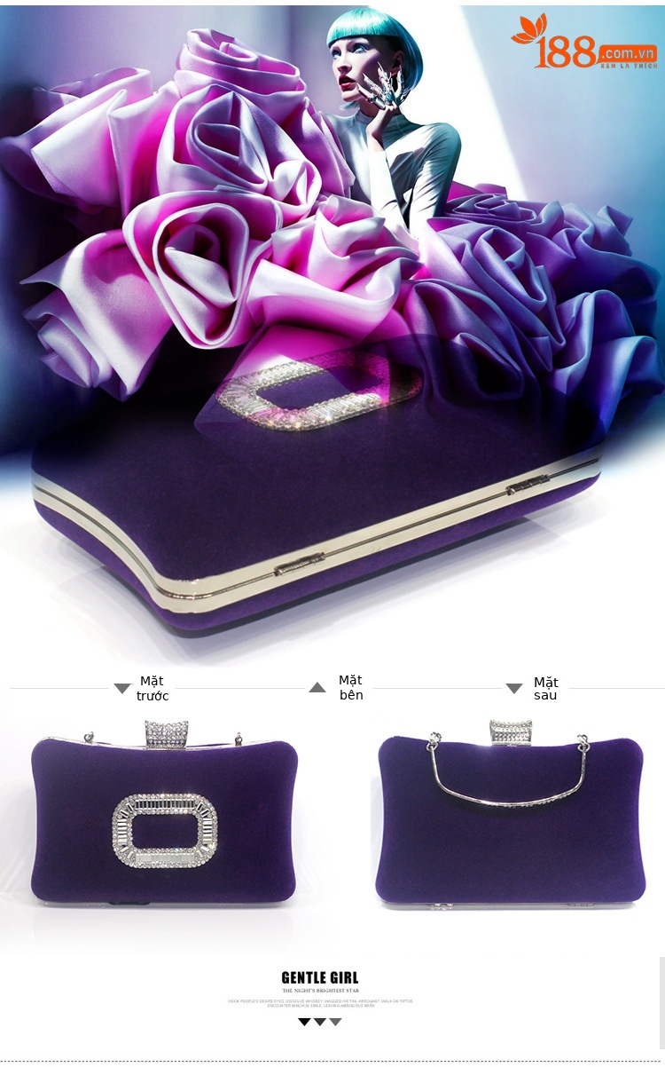 Túi clutch nữ dạ hội nhung đính kim cương khóa vuông — Đỏ hoa hồng, Vàng Lạc Đà Saudi, Đỏ lễ hội, Màu tím Cung Đình chi tiết 9