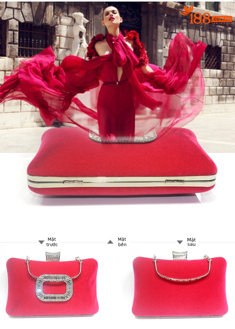 Túi clutch nữ dạ hội nhung đính kim cương khóa vuông — Đỏ hoa hồng, Vàng Lạc Đà Saudi, Đỏ lễ hội, Màu tím Cung Đình chi tiết 10