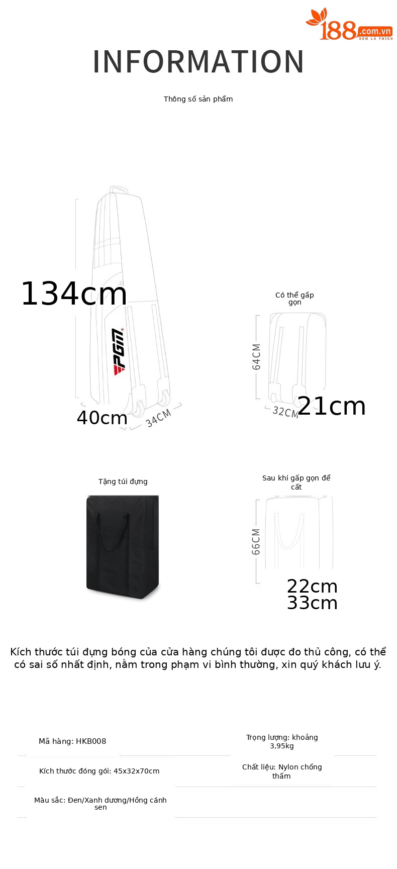 Túi vận chuyển golf PGM chống nước dày dặn, có bánh kéo gập gọn — HKB008-Túi hàng không dày không thấm nước màu đen chi tiết 5