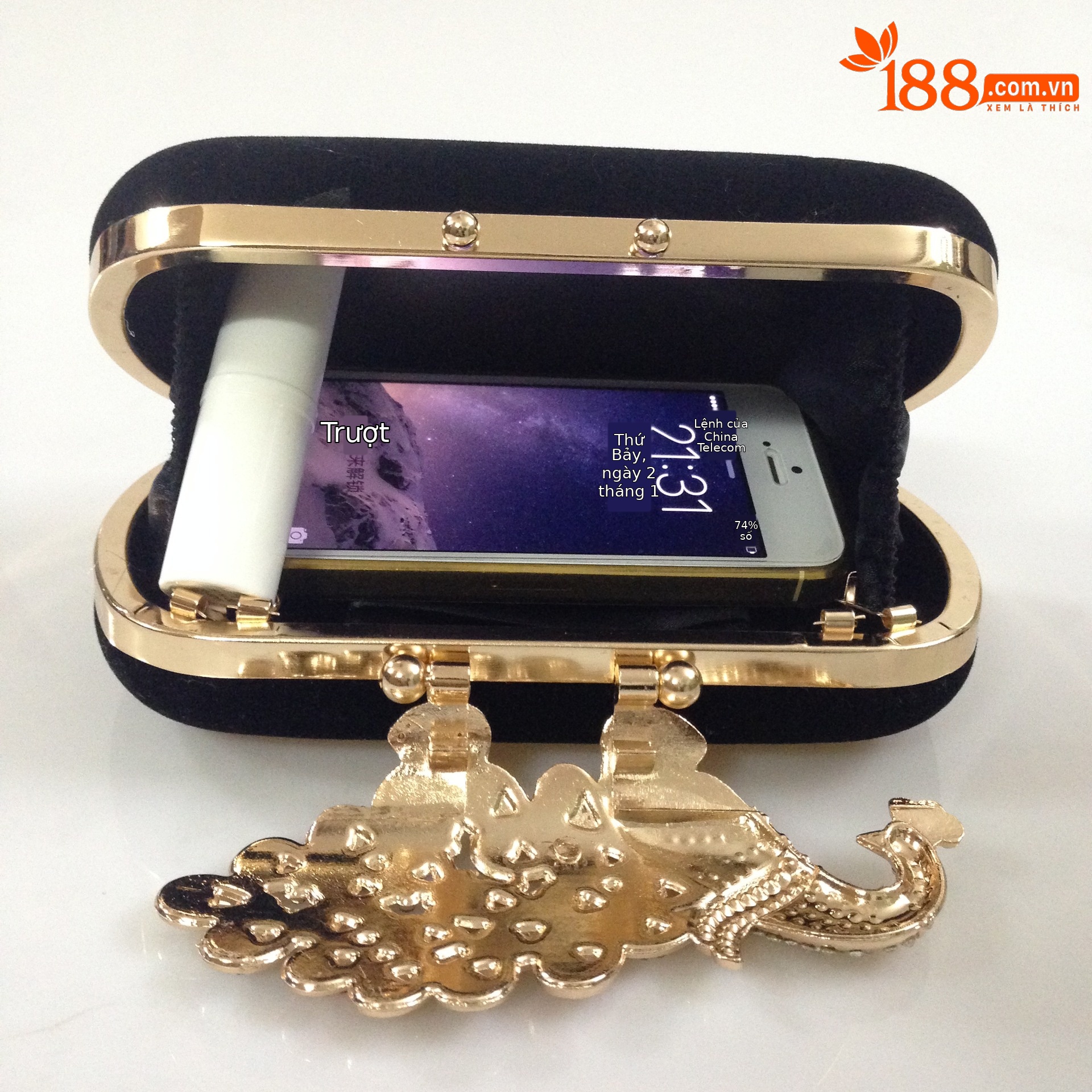 Túi clutch dạ tiệc hình chim công đính đá – tay cầm và dây xích rời — Màu đỏ, Màu tím, Màu xanh lam, Màu đen chi tiết 9