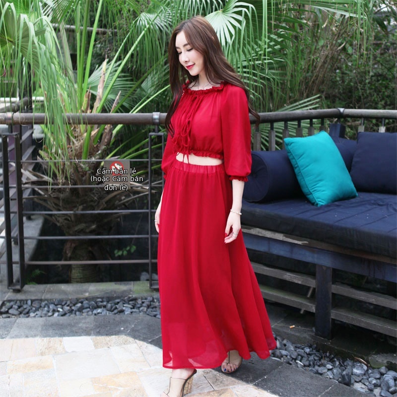 Đầm maxi nữ thắt eo dài tay cổ tròn chất liệu polyester phối ren — Mờ mờ mờ