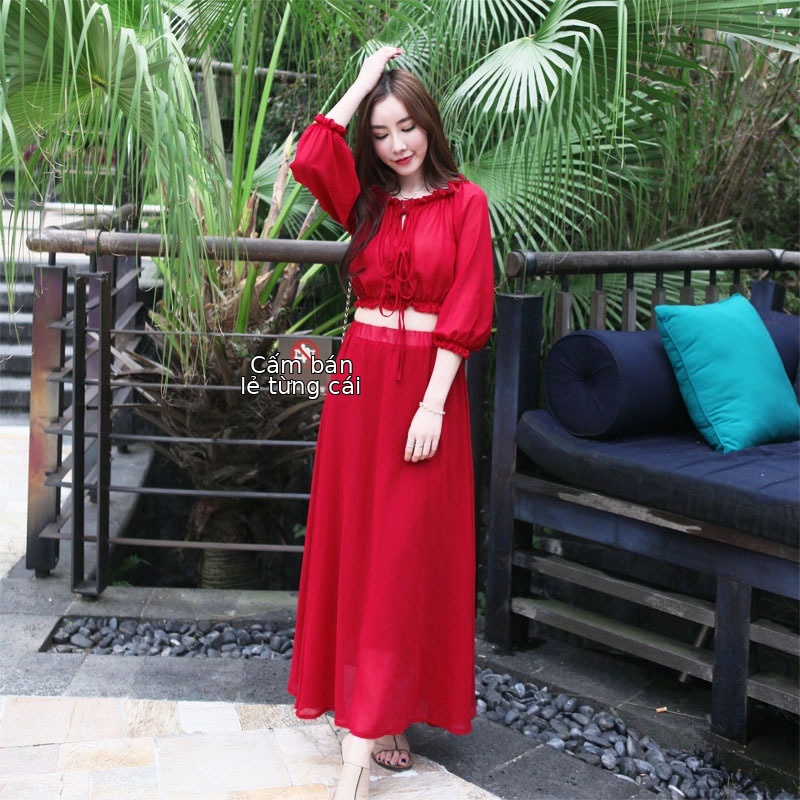 Đầm maxi nữ thắt eo dài tay cổ tròn chất liệu polyester phối ren — Mờ mờ mờ