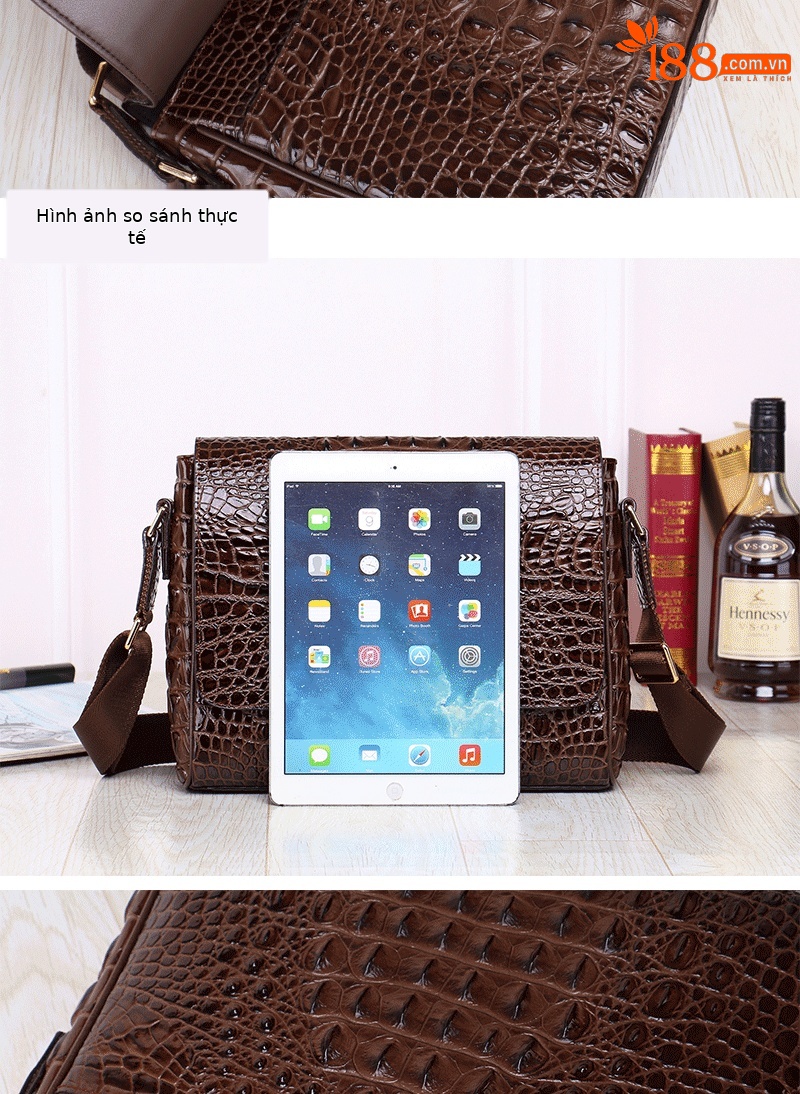 Túi đeo chéo nam da bò vân cá sấu phong cách messenger — Màu đen, Màu cà phê chi tiết 8