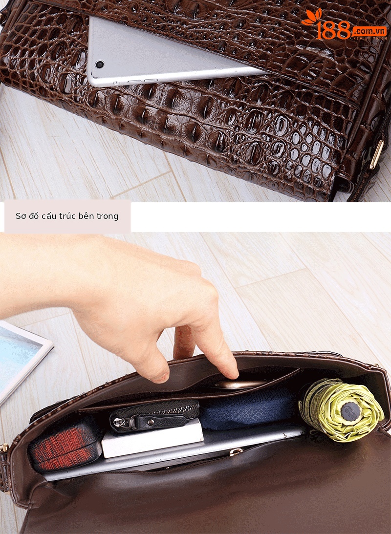 Túi đeo chéo nam da bò vân cá sấu phong cách messenger — Màu đen, Màu cà phê chi tiết 9