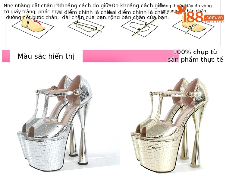 Sandal nữ hở mũi gót siêu cao 19 cm quai chữ T — Màu vàng chi tiết 2