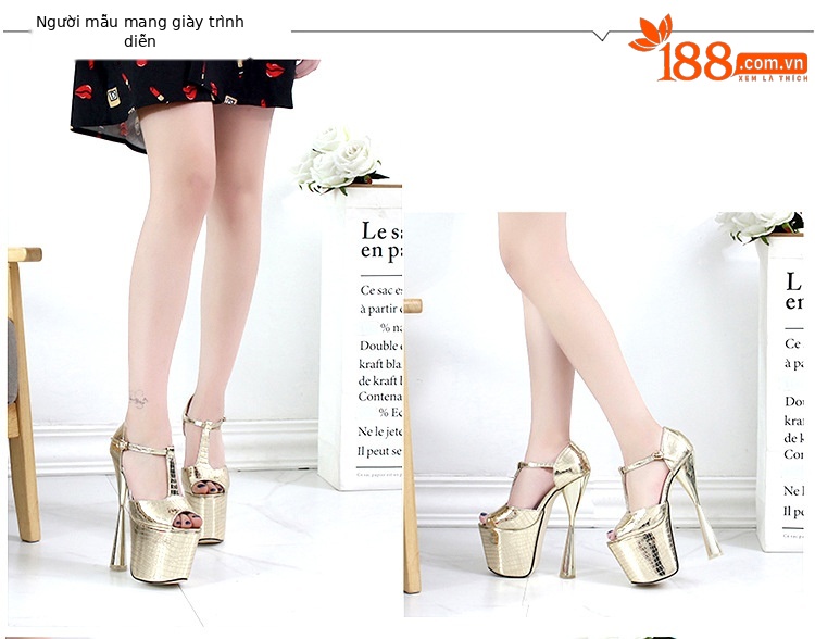 Sandal nữ hở mũi gót siêu cao 19 cm quai chữ T — Màu vàng chi tiết 9