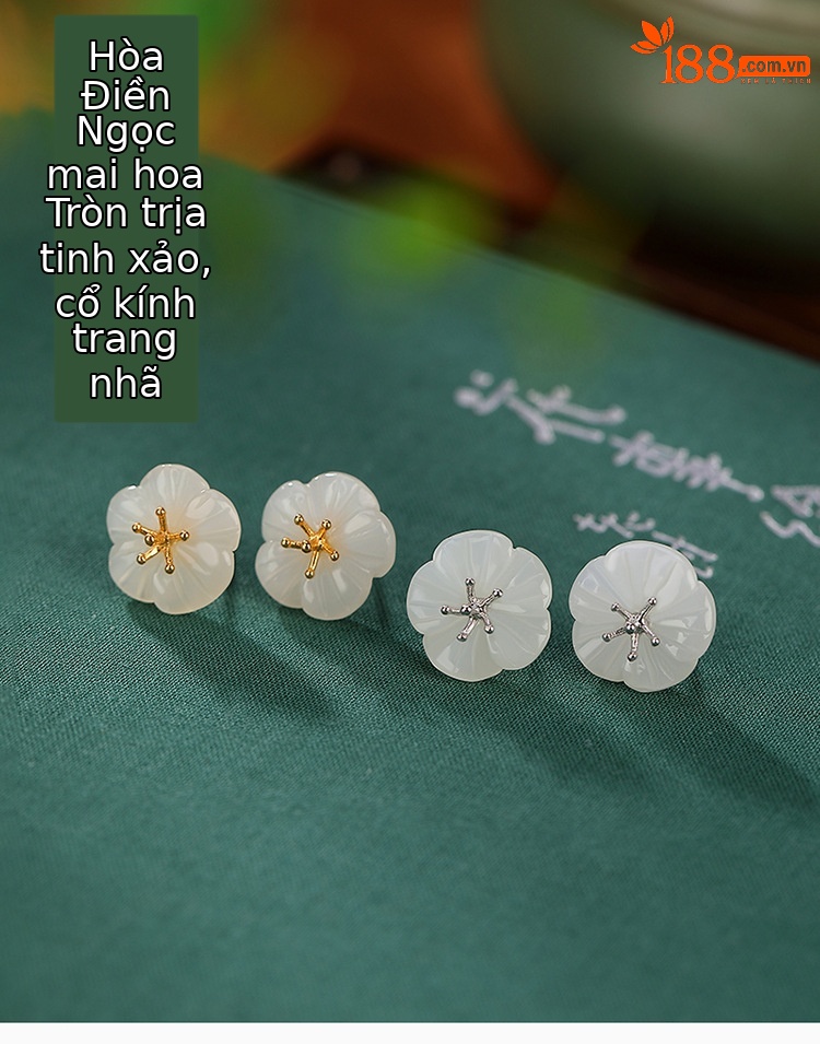 Khuyên tai nữ bạc S925 mạ vàng đính ngọc bích trắng hình hoa mai — Kiểu màu bạc chi tiết 2