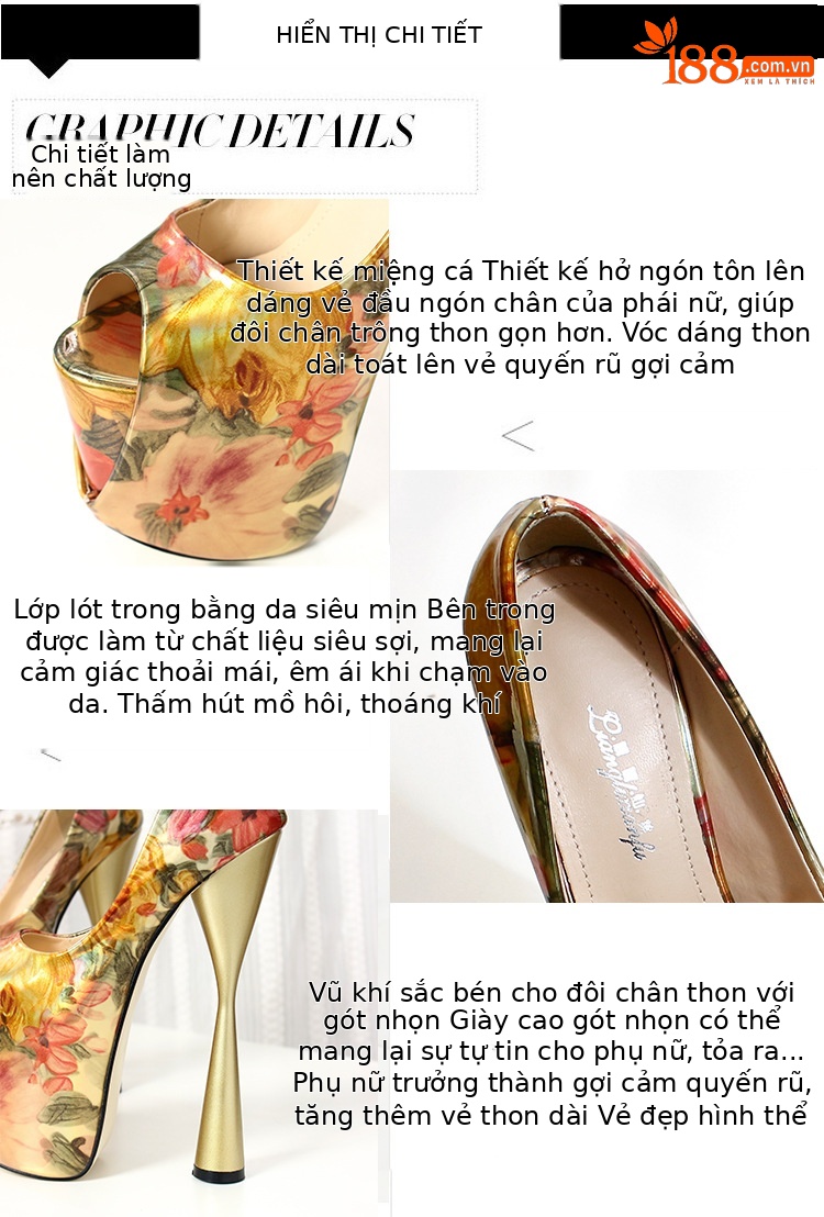 Giày cao gót nữ mũi nhọn gót siêu cao 19 cm, họa tiết miệng cá, đế chống thấm nước — Màu vàng chi tiết 1