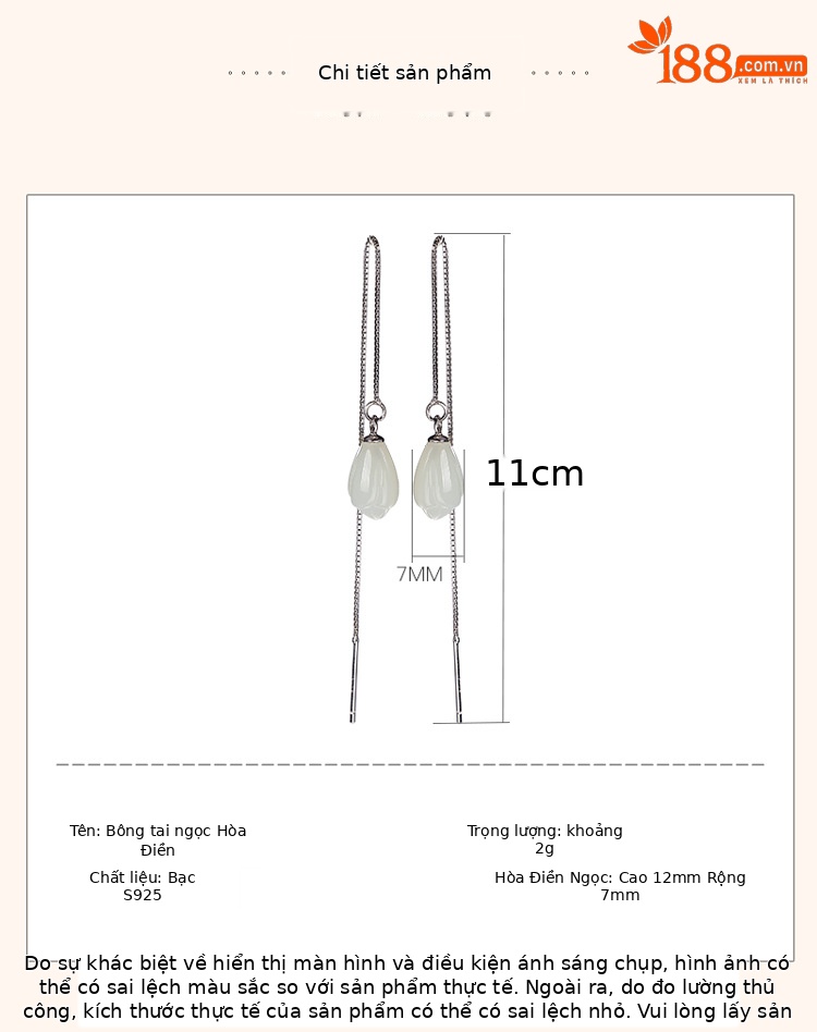 Bông tai dài hoa mộc lan bạc S925 đính ngọc bích Hetian tự nhiên — Một cặp chi tiết 2