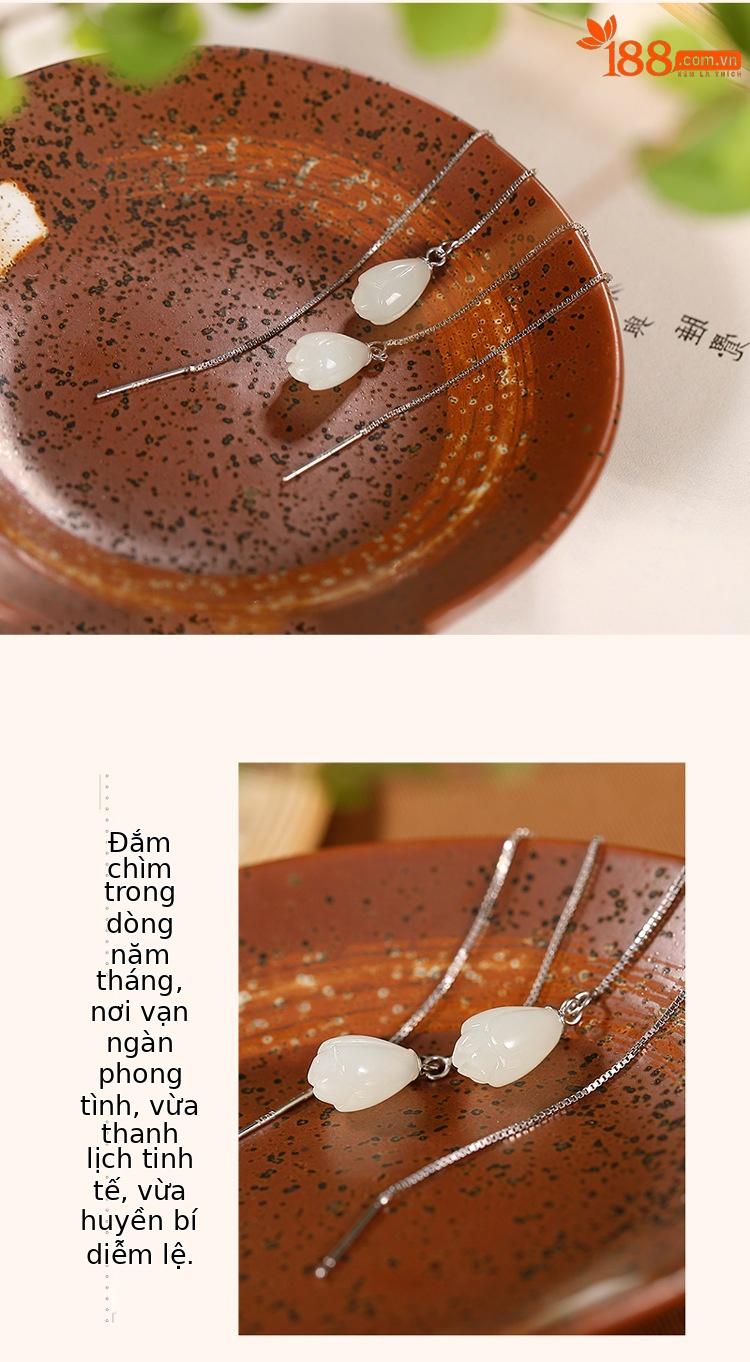 Bông tai dài hoa mộc lan bạc S925 đính ngọc bích Hetian tự nhiên — Một cặp chi tiết 3
