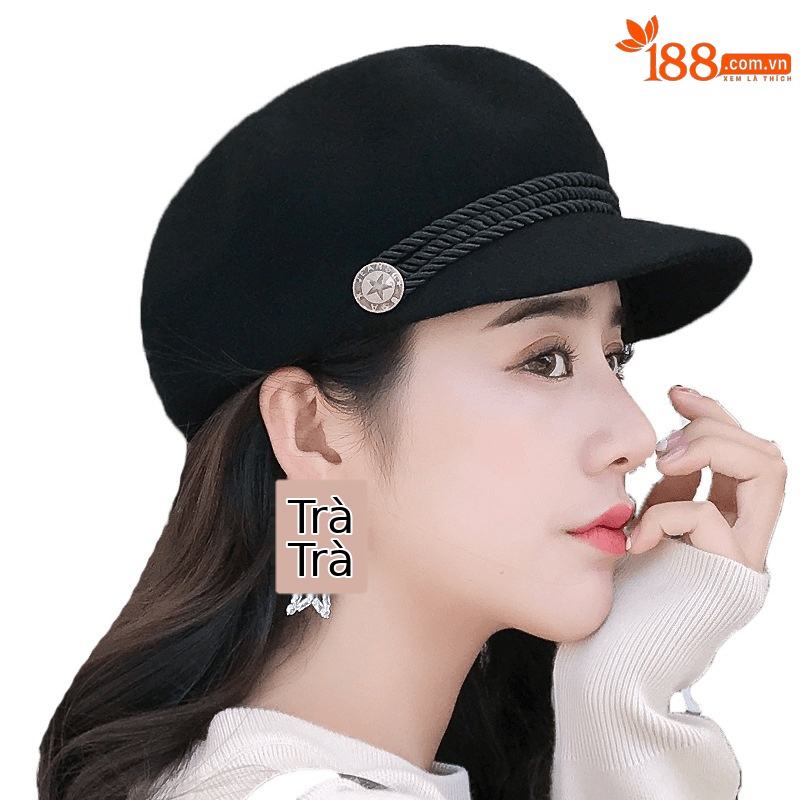 Mũ beret nữ vải dạ len phong cách Anh, mũ bát giác mùa thu đông ấm áp — Dây trang trí Kaki nhạt (tất cả len)