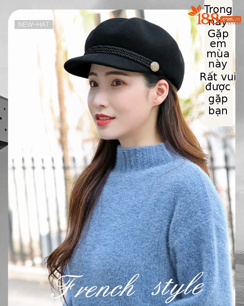 Mũ beret nữ vải dạ len phong cách Anh, mũ bát giác mùa thu đông ấm áp — Dây trang trí Kaki nhạt (tất cả len) chi tiết 1