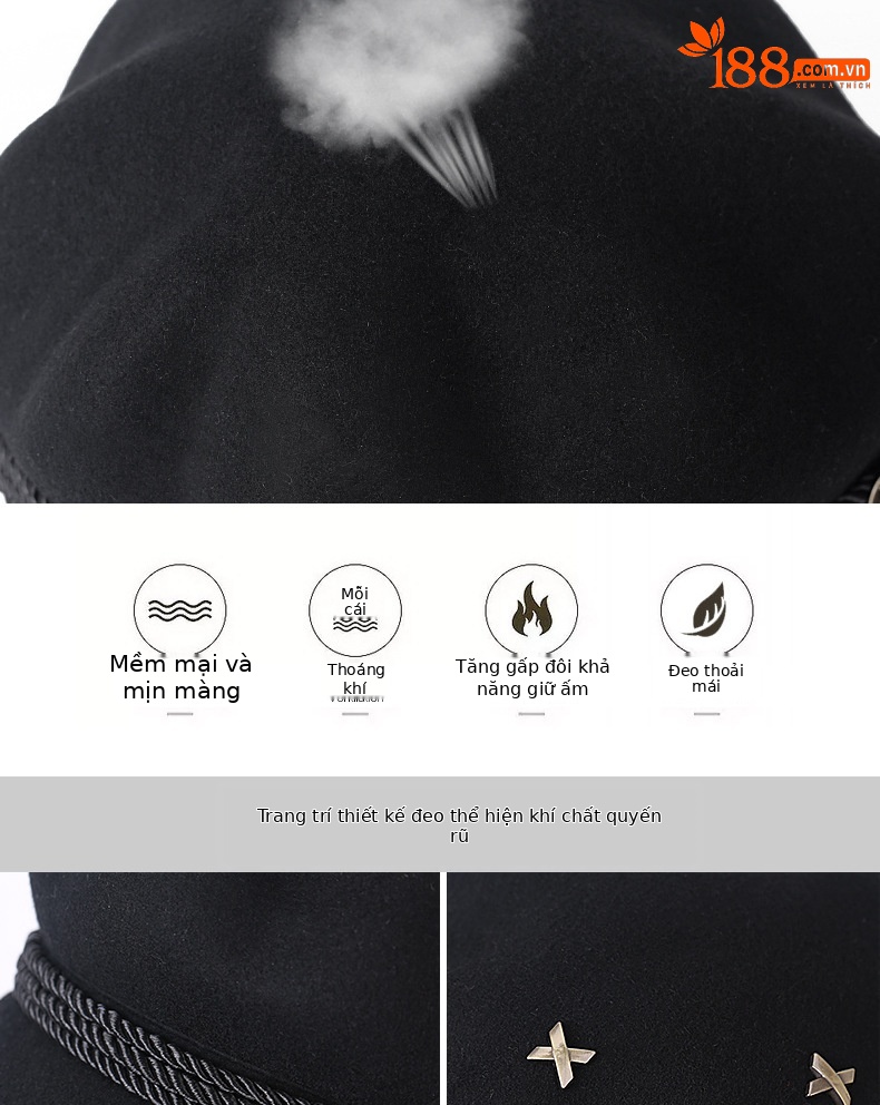 Mũ beret nữ vải dạ len phong cách Anh, mũ bát giác mùa thu đông ấm áp — Dây trang trí Kaki nhạt (tất cả len) chi tiết 4