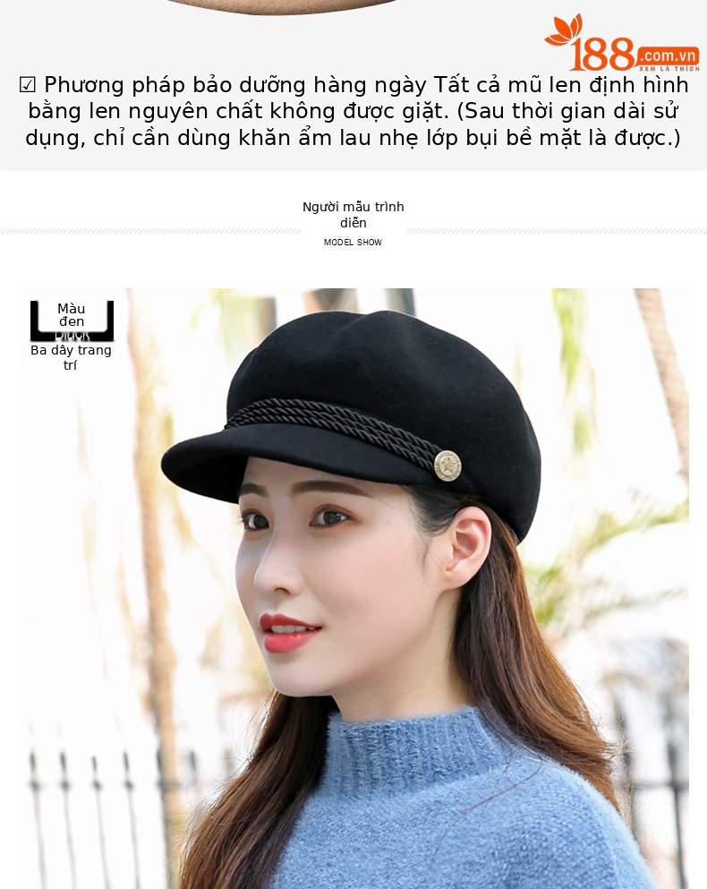 Mũ beret nữ vải dạ len phong cách Anh, mũ bát giác mùa thu đông ấm áp — Dây trang trí Kaki nhạt (tất cả len) chi tiết 7