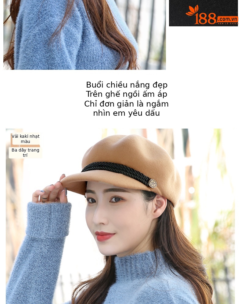 Mũ beret nữ vải dạ len phong cách Anh, mũ bát giác mùa thu đông ấm áp — Dây trang trí Kaki nhạt (tất cả len) chi tiết 9