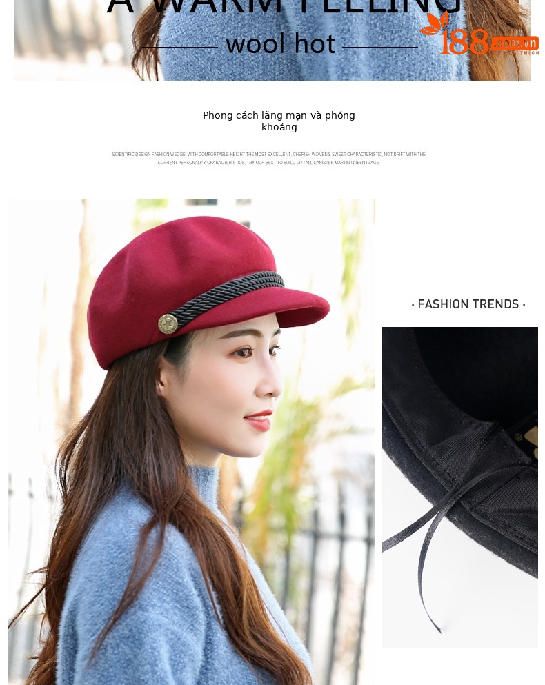 Mũ beret nữ vải dạ len phong cách Anh, mũ bát giác mùa thu đông ấm áp — Dây trang trí Kaki nhạt (tất cả len) chi tiết 12