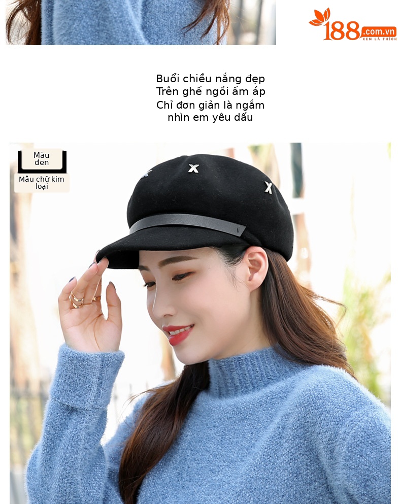 Mũ beret nữ vải dạ len phong cách Anh, mũ bát giác mùa thu đông ấm áp — Dây trang trí Kaki nhạt (tất cả len) chi tiết 13
