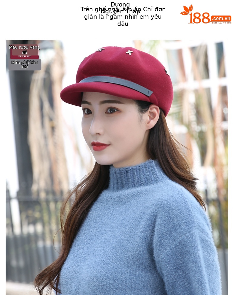 Mũ beret nữ vải dạ len phong cách Anh, mũ bát giác mùa thu đông ấm áp — Dây trang trí Kaki nhạt (tất cả len) chi tiết 16