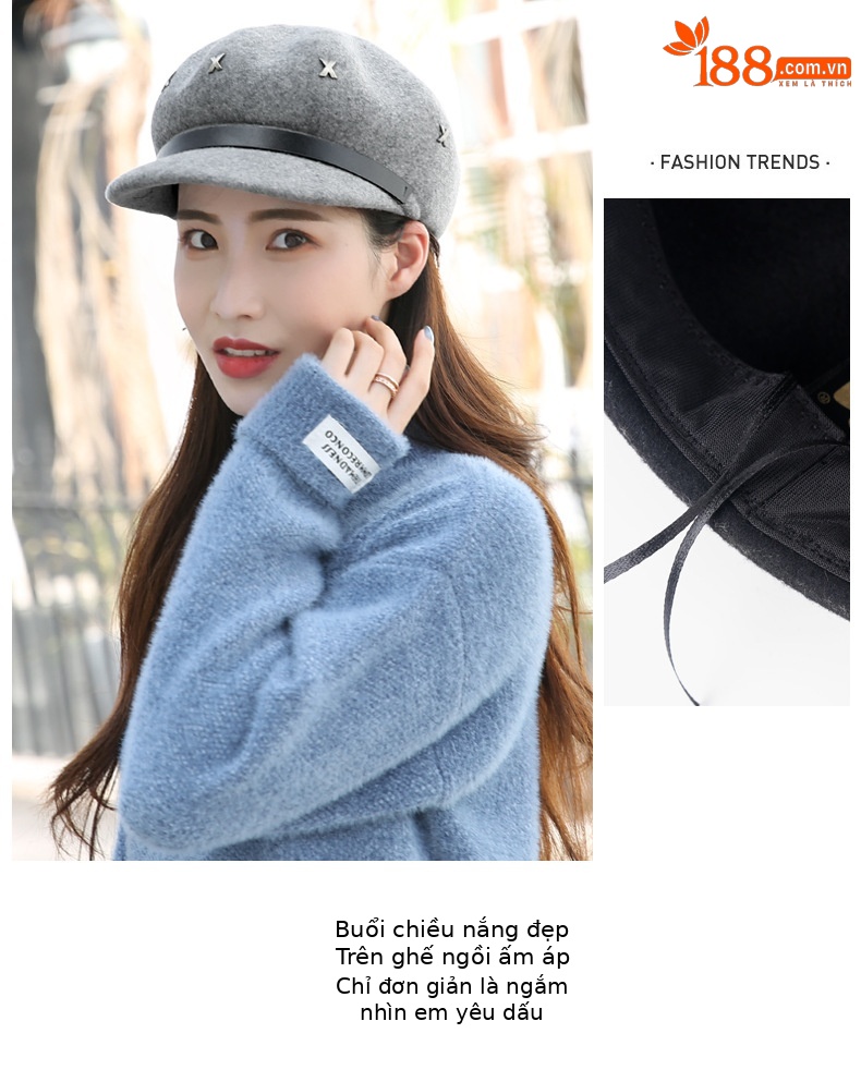 Mũ beret nữ vải dạ len phong cách Anh, mũ bát giác mùa thu đông ấm áp — Dây trang trí Kaki nhạt (tất cả len) chi tiết 19