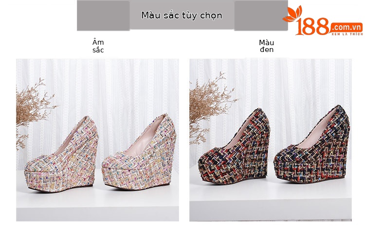 Giày cao gót đế xuồng platform nữ gót 15 cm kiểu Chanel — Màu đen chi tiết 1