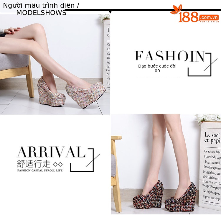 Giày cao gót đế xuồng platform nữ gót 15 cm kiểu Chanel — Màu đen chi tiết 9